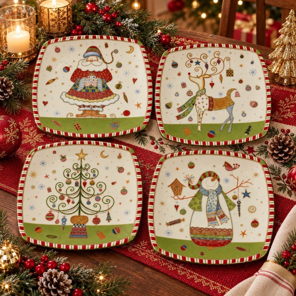 Belk China Christmas Dessert Plates 7.5" Set of 4 Whimsical Festive Cottagecore